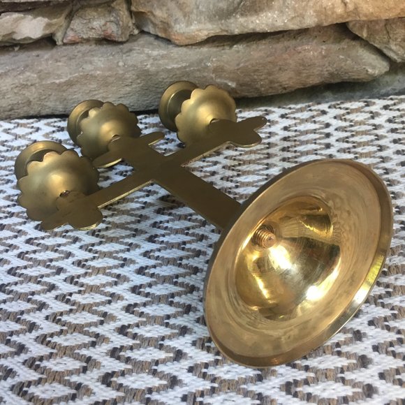 VTG Cabochons Cross Candelabra Boho Brass Religious Candle Holder Christian - Picture 3 of 8